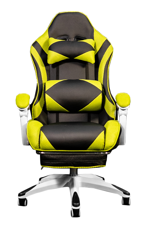 [S-107]Gaming chair de piel sintetica con sistema de 2 palancas para altura ajustable y activacion de reclinacion 90-170 grados , soporte lumbar y descansa pies de facil resguardo amarillo con negro AJN Furniture™