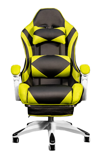 [S-107] [S-107]Gaming chair de piel sintetica con sistema de 2 palancas para altura ajustable y activacion de reclinacion 90-170 grados , soporte lumbar y descansa pies de facil resguardo amarillo con negro AJN Furniture™